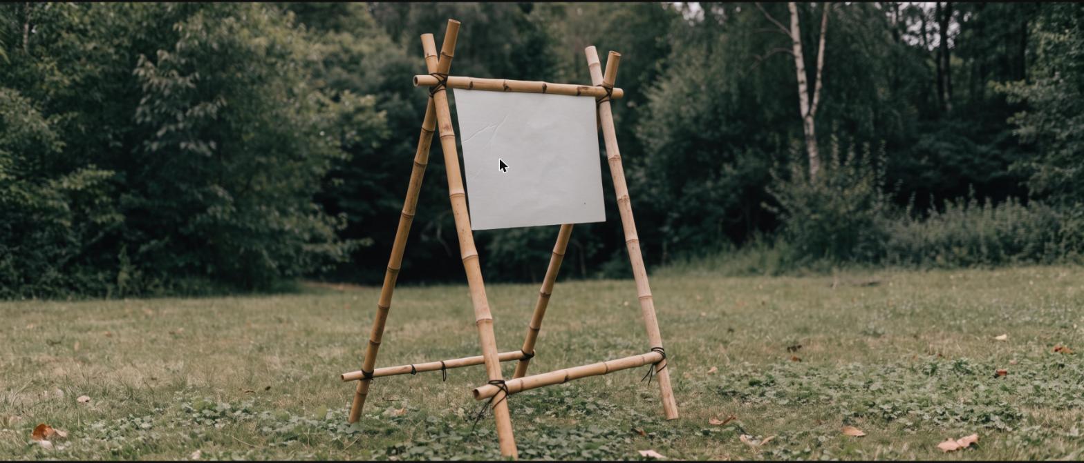 A simple A-frame target stand built from lashed bamboo poles in a grassy field