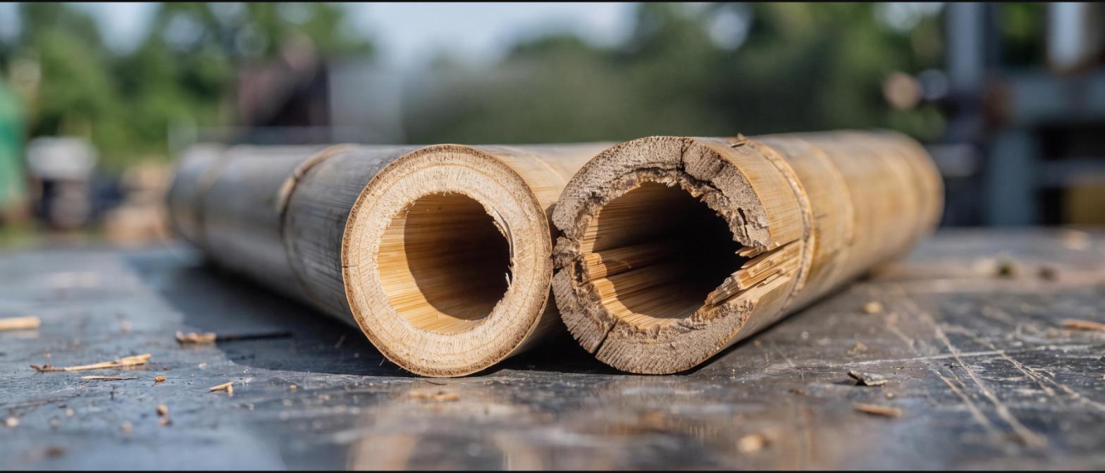 Two cut bamboo pole ends side by side, one clean and one splintered