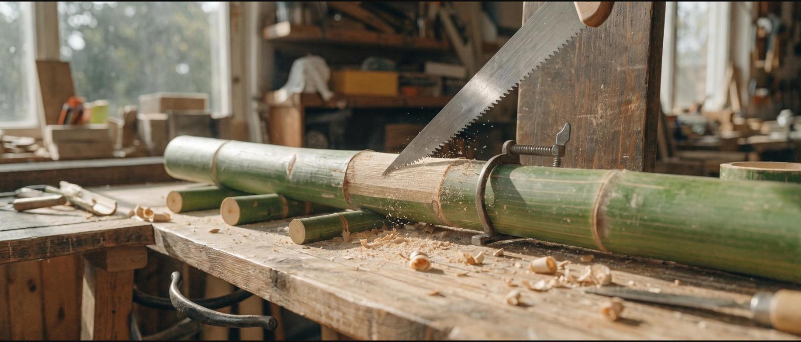 A fine-tooth saw cutting through a bamboo pole clamped to a workbench